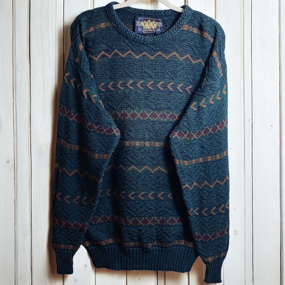 Ralph Lauren Vintage Men’s 100% Cotton Made in USA Chevron Jacquard Sweater Lg - Picture 1 of 5